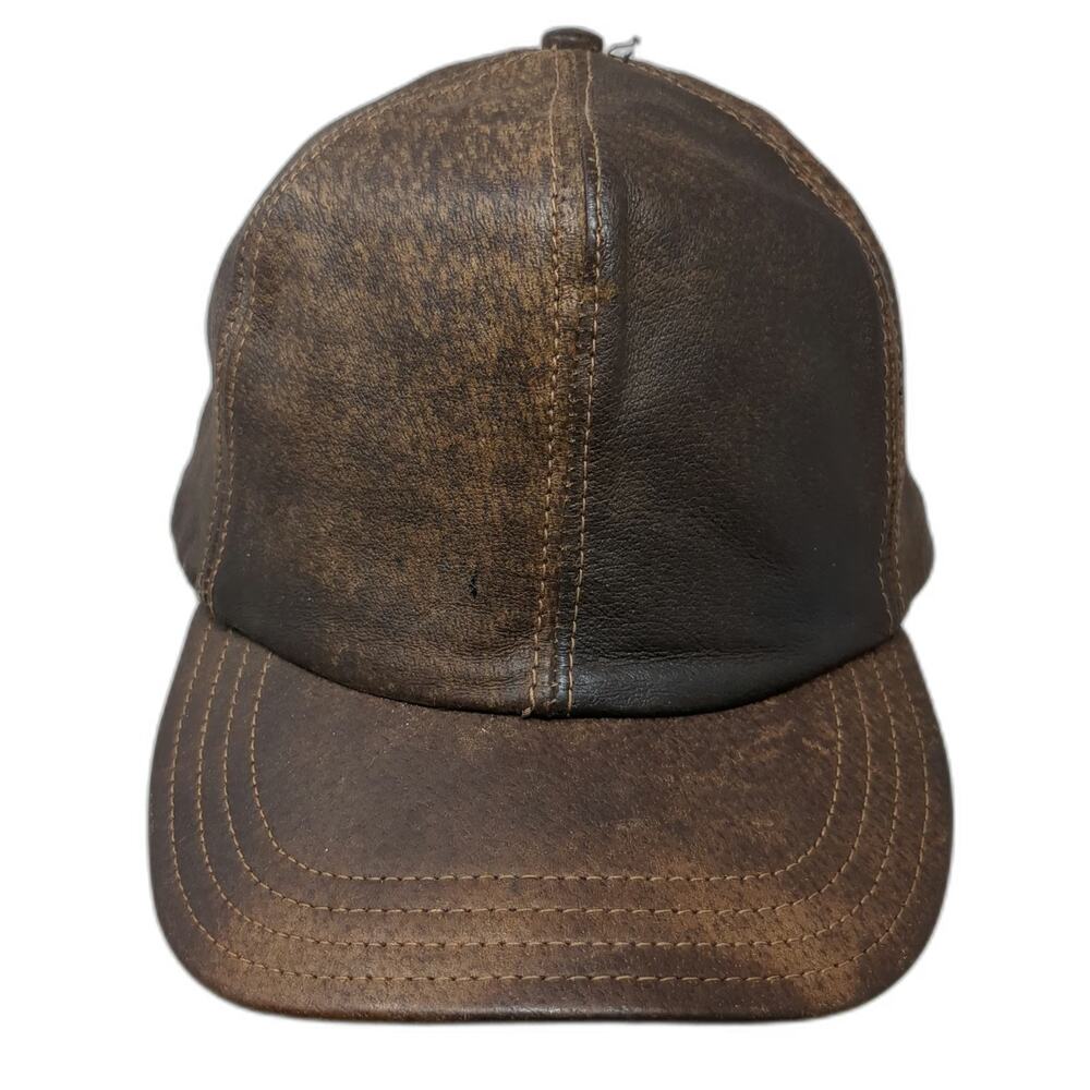 Baseball Cap Brown One Size Leather Strapback Made in USA Distressed Plain Hat
